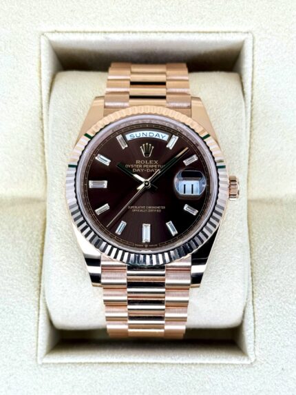NEW Rolex Day-Date 40mm 228235 Rose Gold Chocolate Baguette Dial