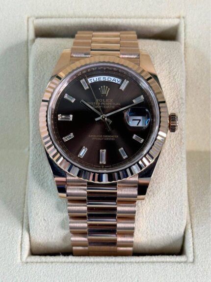 2021 Rolex Day-Date 40mm 228235 Rose Gold Chocolate Diamond Baguette