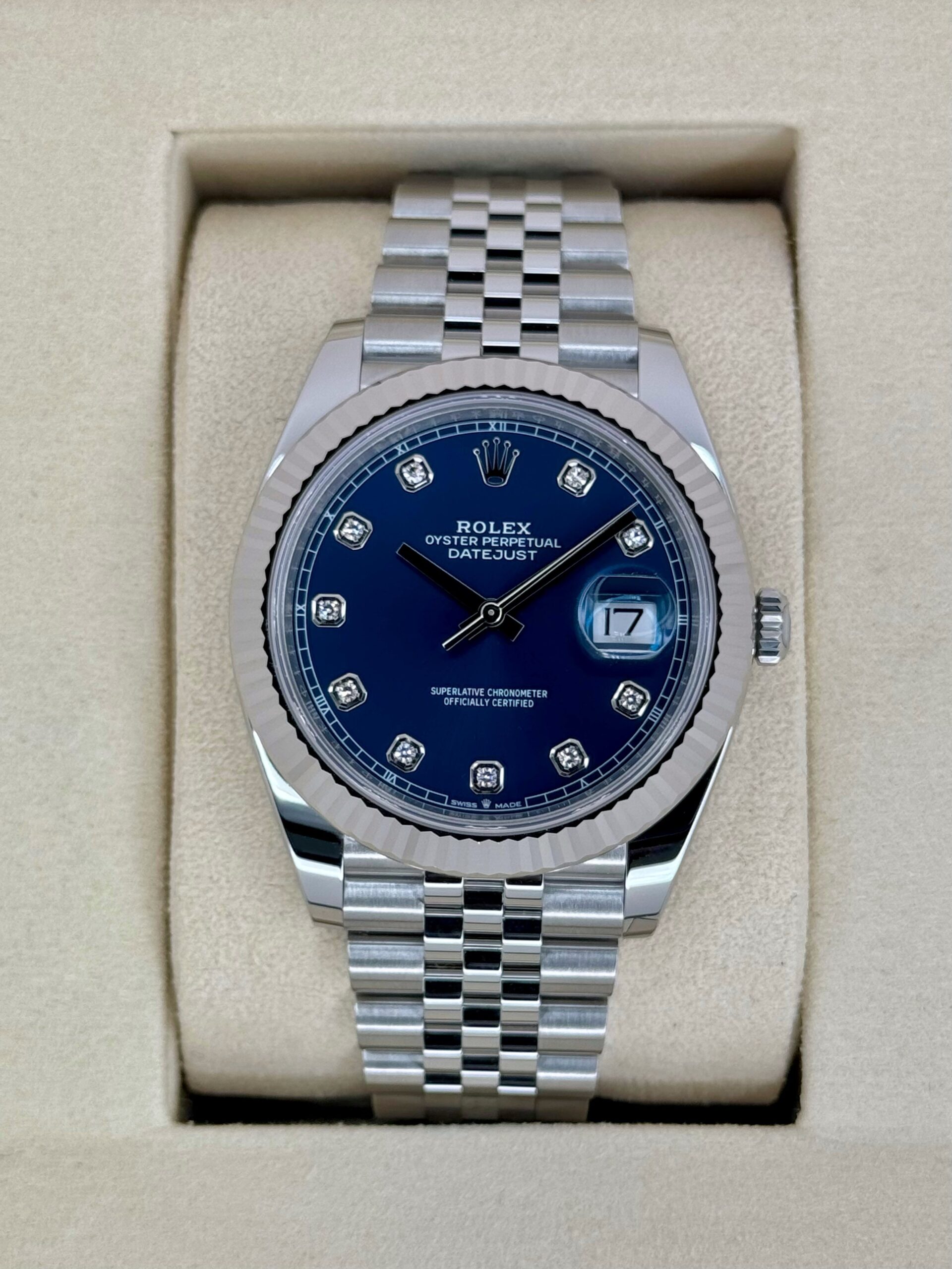 852E4306-6004-4C07-B1E2-EEB0C2B390C8.jpg 2025 Rolex Datejust 41mm 126334 Stainless Steel Jubilee Blue Diamond Dial (Unworn)