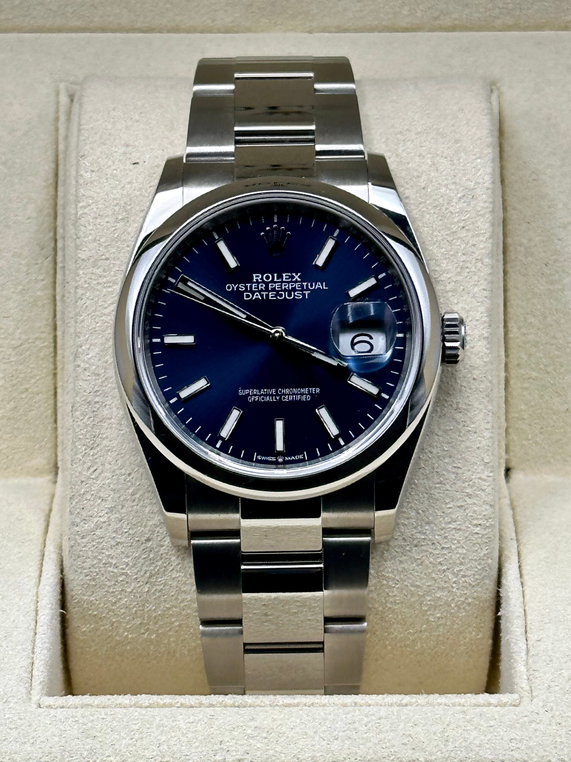 FFC9F0CE-6280-45E3-BDAA-5355A2B46540.jpg 2020 Rolex Datejust 36mm 126200 Oyster Blue Stick Dial