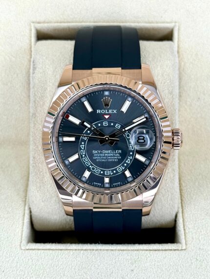 2021 Rolex Sky-Dweller 42mm 326235 Rose Gold Oysterflex Rhodium Dial