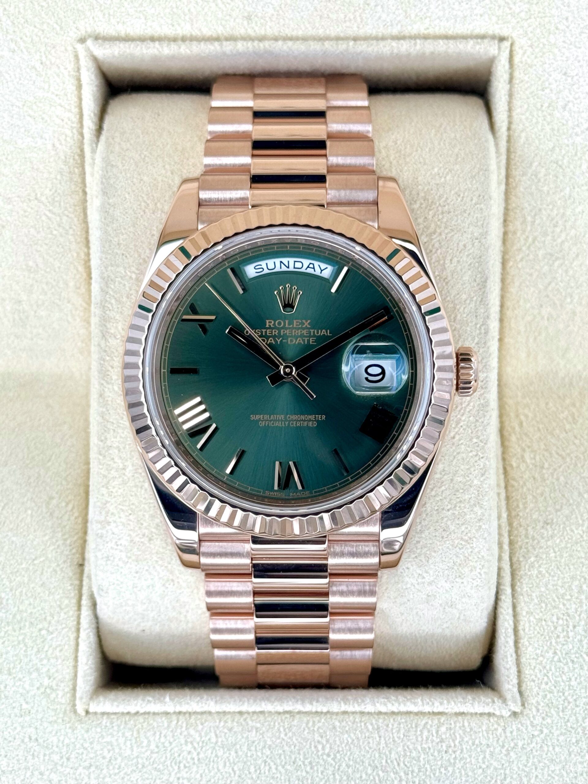IMG_9196_f0f95834-f53f-401c-92c6-f4373615eb94.jpg 2019 Rolex Day-Date 40mm 228235 Presidential Rose Gold Olive Dial